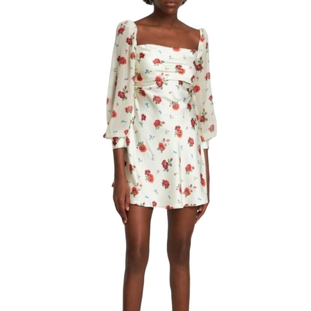 WeWoreWhat White Red Floral Puff Sleeve Cowl Neck Satin Mini Dress 2 Revolve
